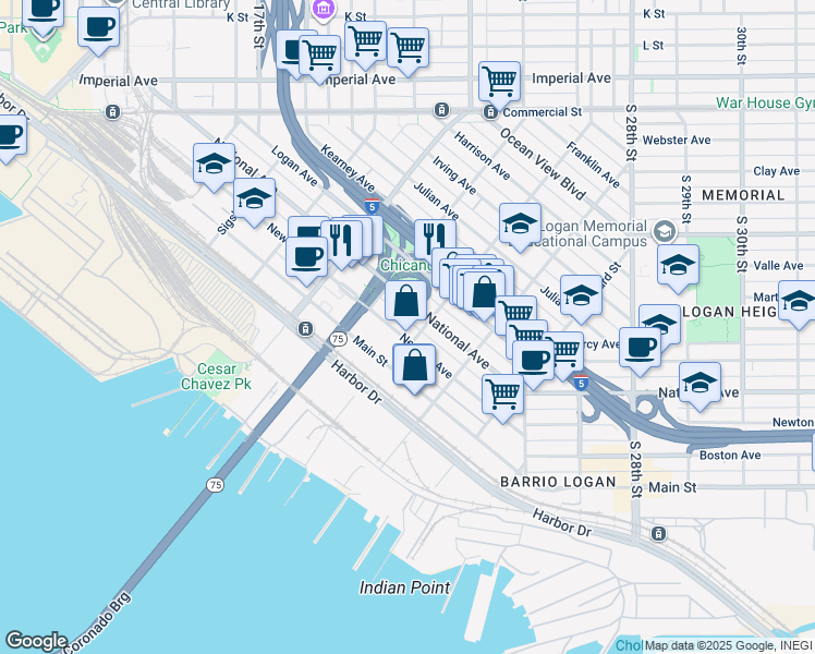 map of restaurants, bars, coffee shops, grocery stores, and more near 2075 National Avenue in San Diego