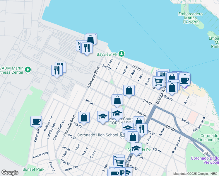 map of restaurants, bars, coffee shops, grocery stores, and more near 269 Palm Avenue in Coronado