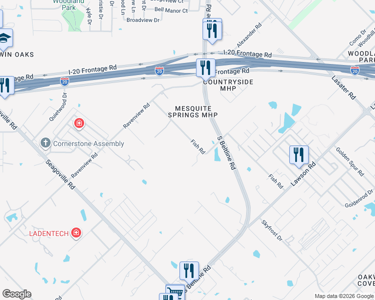 map of restaurants, bars, coffee shops, grocery stores, and more near 12740 Fish Road in Dallas