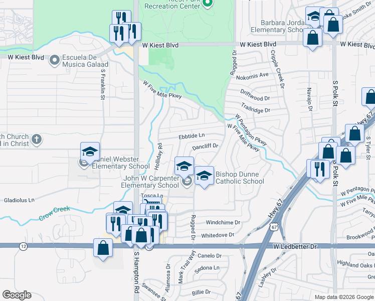 map of restaurants, bars, coffee shops, grocery stores, and more near 2003 Dancliff Drive in Dallas