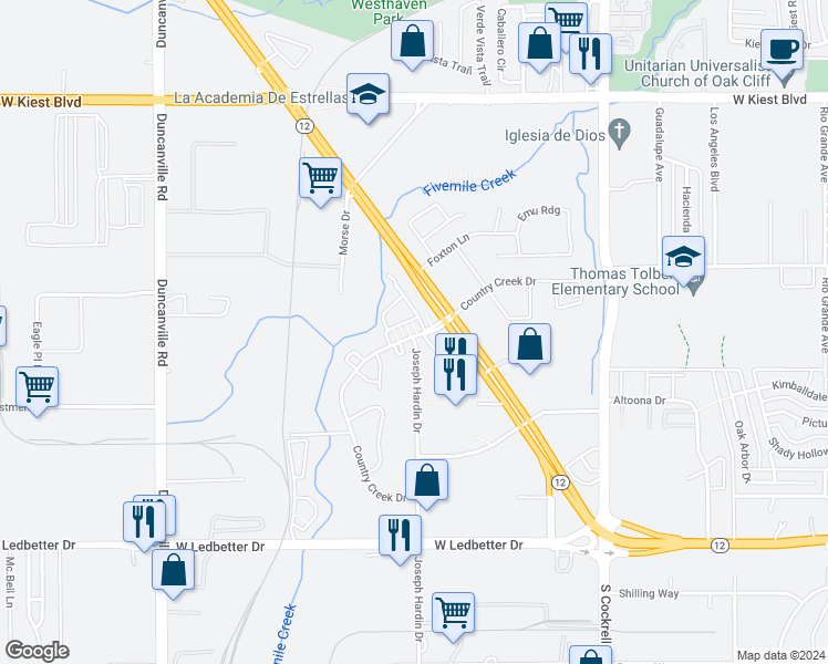 map of restaurants, bars, coffee shops, grocery stores, and more near 4603 Country Creek Drive in Dallas