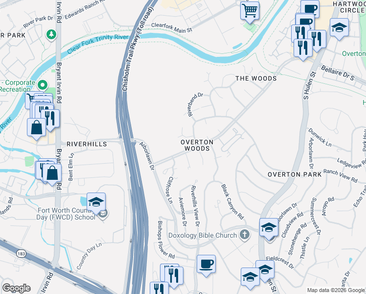 map of restaurants, bars, coffee shops, grocery stores, and more near 3516 Elm Creek Court in Fort Worth