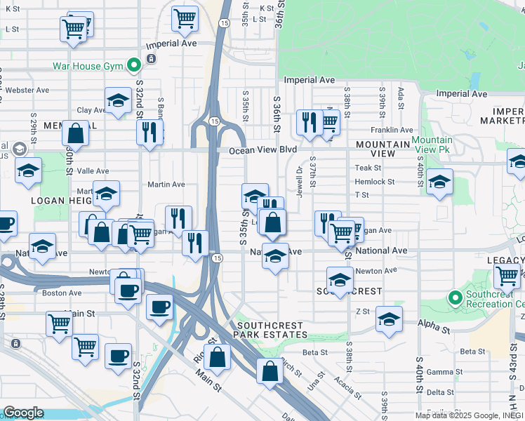 map of restaurants, bars, coffee shops, grocery stores, and more near 3550 Logan Avenue in San Diego