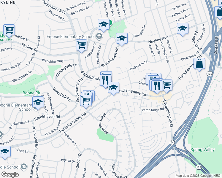 map of restaurants, bars, coffee shops, grocery stores, and more near 475 South Meadowbrook Drive in San Diego