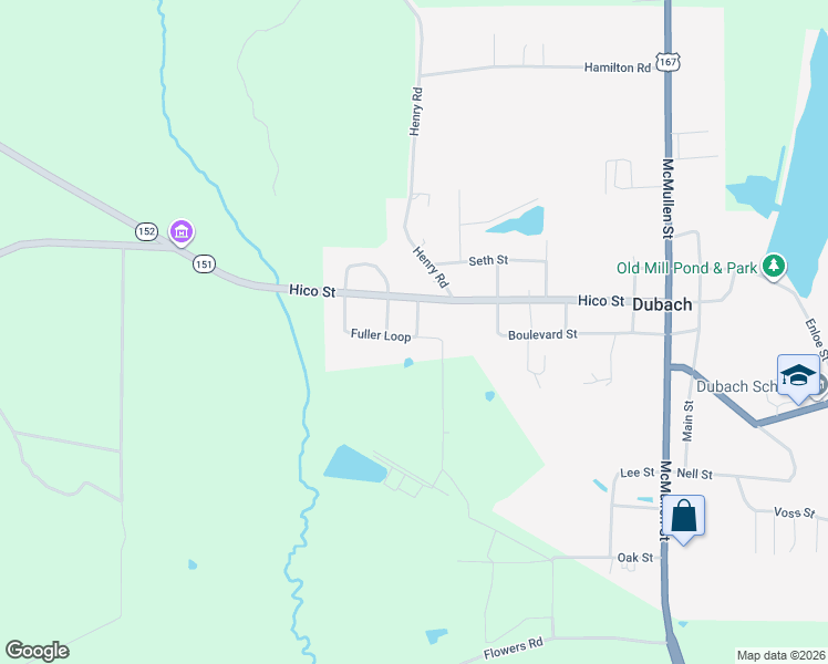 map of restaurants, bars, coffee shops, grocery stores, and more near 101-199 Lawrence Street in Dubach