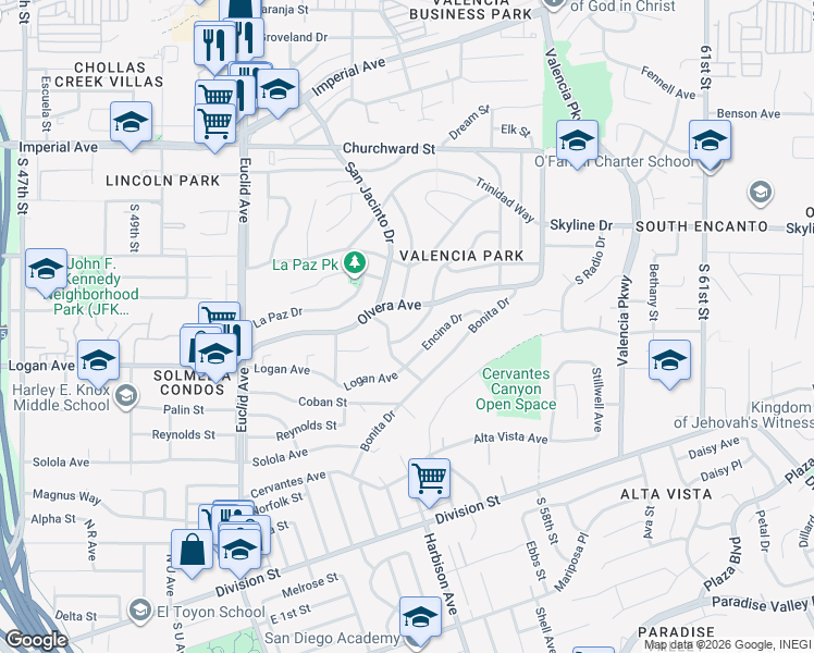 map of restaurants, bars, coffee shops, grocery stores, and more near 5442 San Onofre Terrace in San Diego