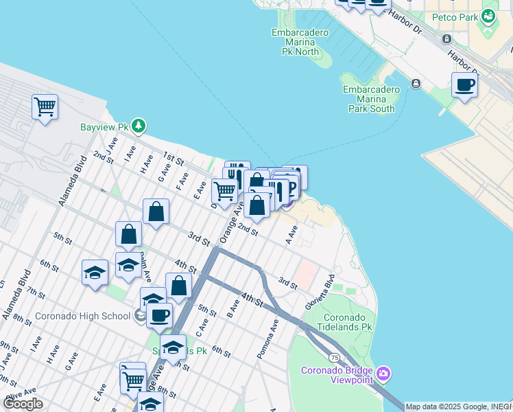 map of restaurants, bars, coffee shops, grocery stores, and more near 1133 1st Street in Coronado