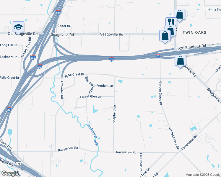 map of restaurants, bars, coffee shops, grocery stores, and more near 13042 Verdant Lane in Balch Springs