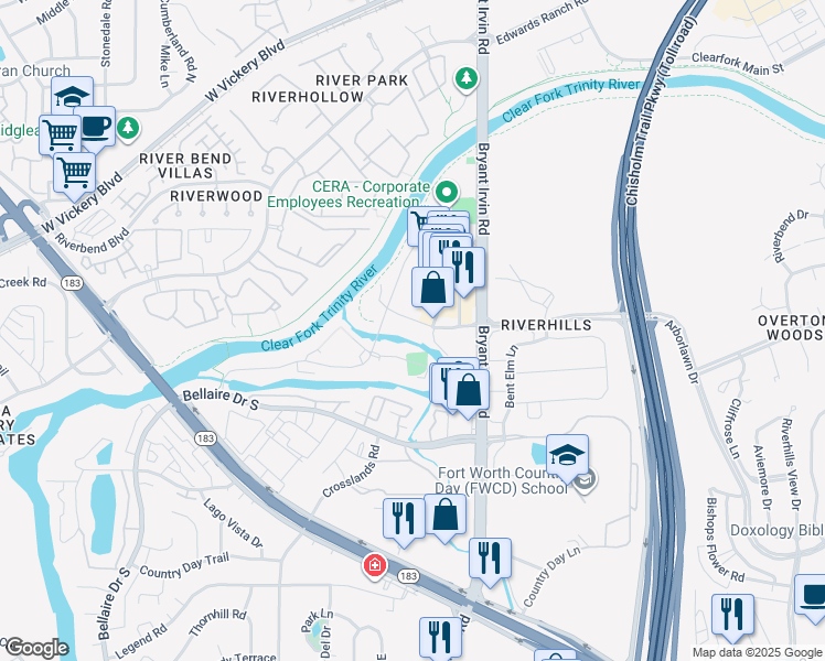 map of restaurants, bars, coffee shops, grocery stores, and more near 5825 Arborlawn Drive in Fort Worth