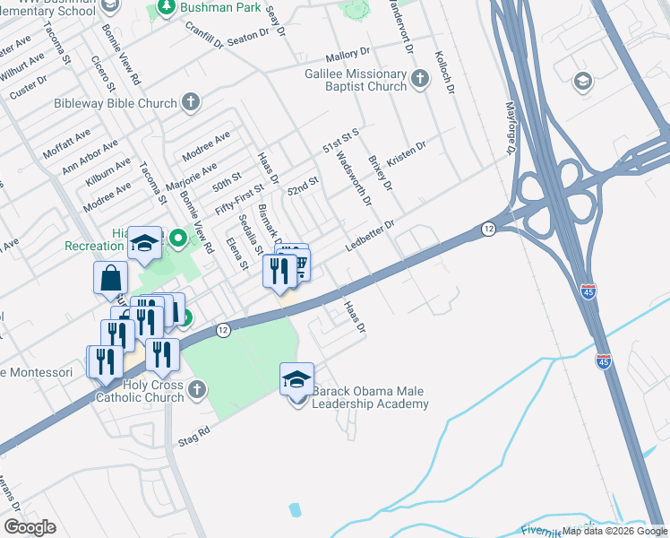 map of restaurants, bars, coffee shops, grocery stores, and more near 3212 Ledbetter Drive in Dallas