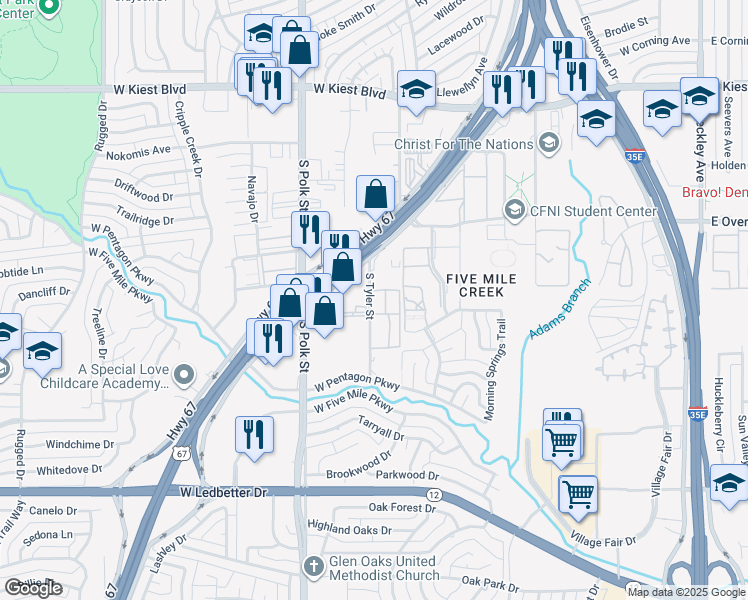 map of restaurants, bars, coffee shops, grocery stores, and more near 3707 South Tyler Street in Dallas