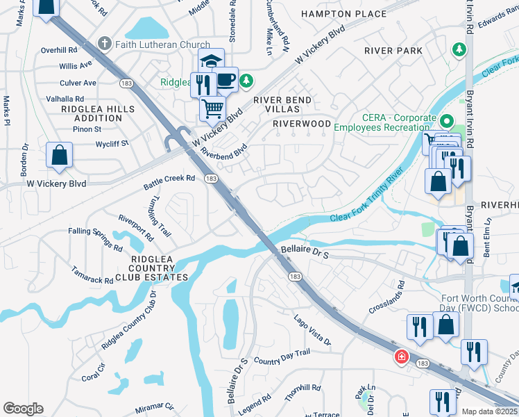 map of restaurants, bars, coffee shops, grocery stores, and more near 3475 River Park Drive in Fort Worth