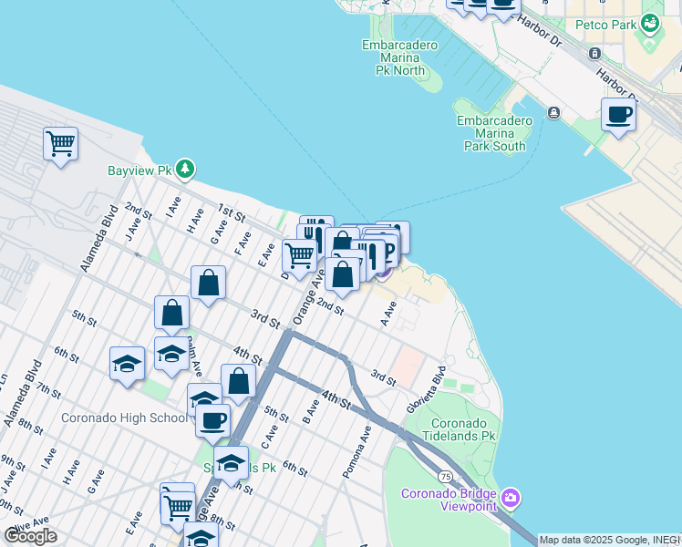 map of restaurants, bars, coffee shops, grocery stores, and more near 114 C Avenue in Coronado