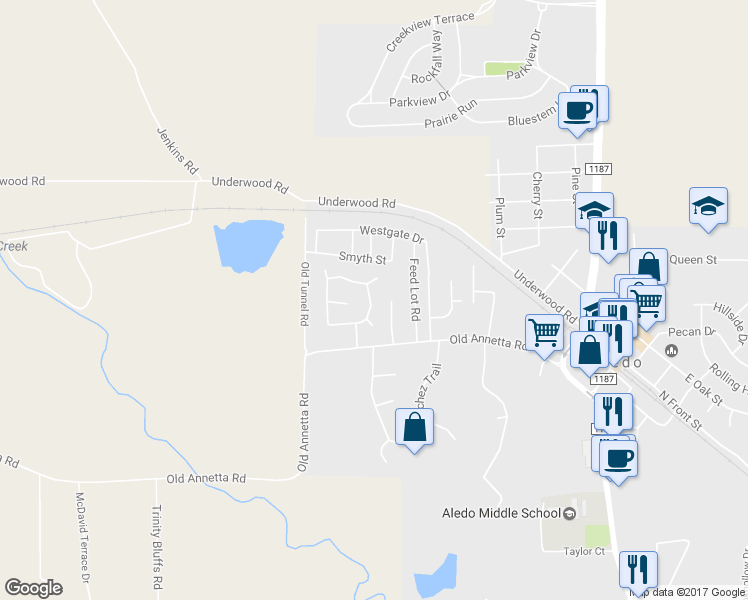 map of restaurants, bars, coffee shops, grocery stores, and more near 120 Yates Circle in Aledo