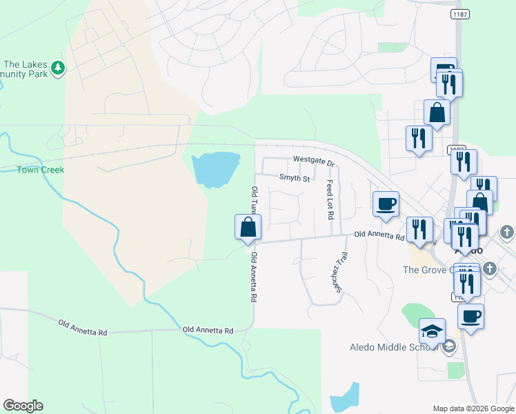 map of restaurants, bars, coffee shops, grocery stores, and more near 124 Old Tunnel Road in Aledo