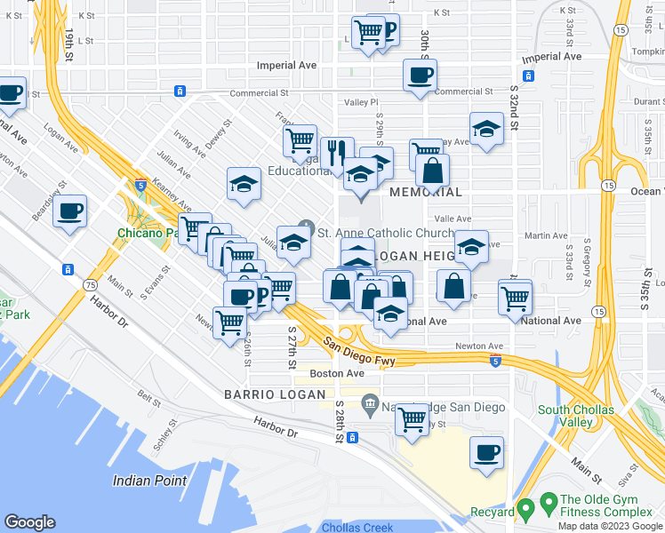map of restaurants, bars, coffee shops, grocery stores, and more near 2385 Irving Avenue in San Diego
