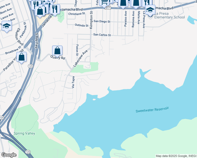 map of restaurants, bars, coffee shops, grocery stores, and more near 9177 Circulo Margen in Spring Valley