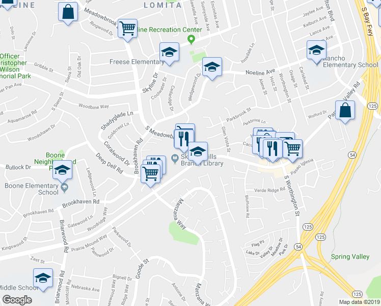 map of restaurants, bars, coffee shops, grocery stores, and more near 487 South Meadowbrook Drive in San Diego