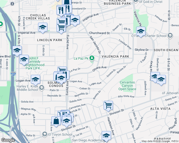 map of restaurants, bars, coffee shops, grocery stores, and more near 5233 La Paz Drive in San Diego