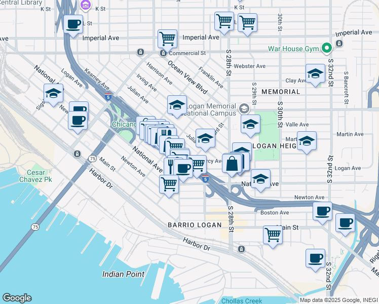 map of restaurants, bars, coffee shops, grocery stores, and more near 2285 Julian Avenue in San Diego