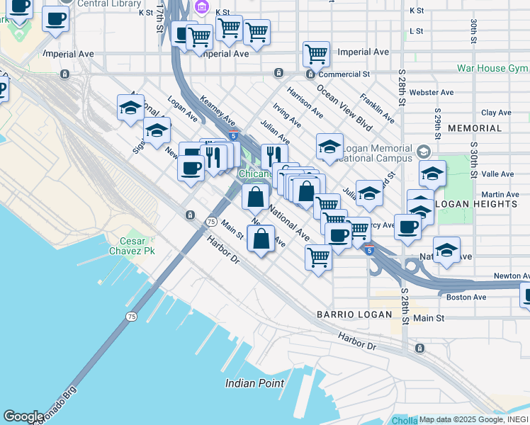 map of restaurants, bars, coffee shops, grocery stores, and more near 2075 National Avenue in San Diego