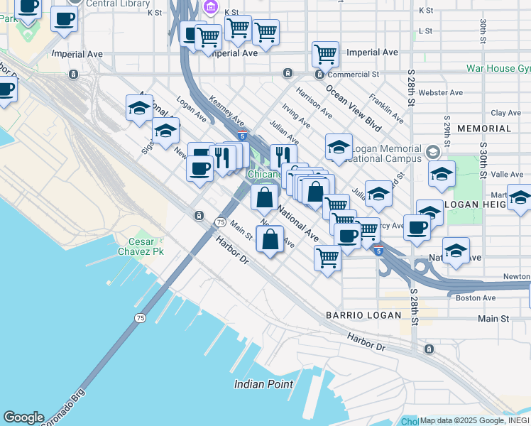 map of restaurants, bars, coffee shops, grocery stores, and more near 2075 National Avenue in San Diego