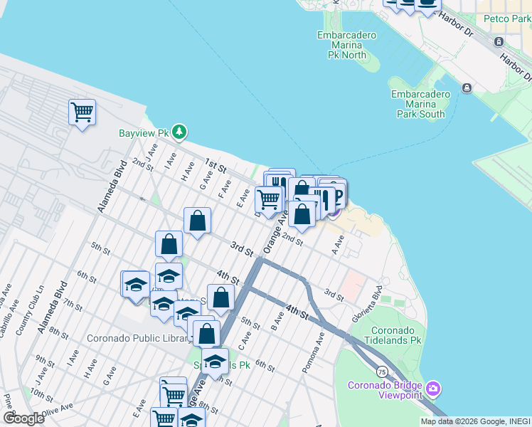 map of restaurants, bars, coffee shops, grocery stores, and more near 143 D Avenue in Coronado