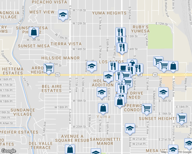 map of restaurants, bars, coffee shops, grocery stores, and more near 1617 South 8th Avenue in Yuma