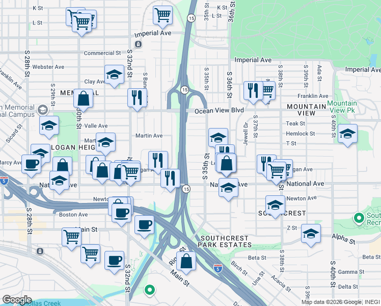 map of restaurants, bars, coffee shops, grocery stores, and more near 3434 Florence Street in San Diego