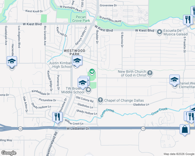 map of restaurants, bars, coffee shops, grocery stores, and more near Boulder Drive in Dallas