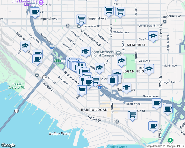 map of restaurants, bars, coffee shops, grocery stores, and more near 2285 Julian Avenue in San Diego
