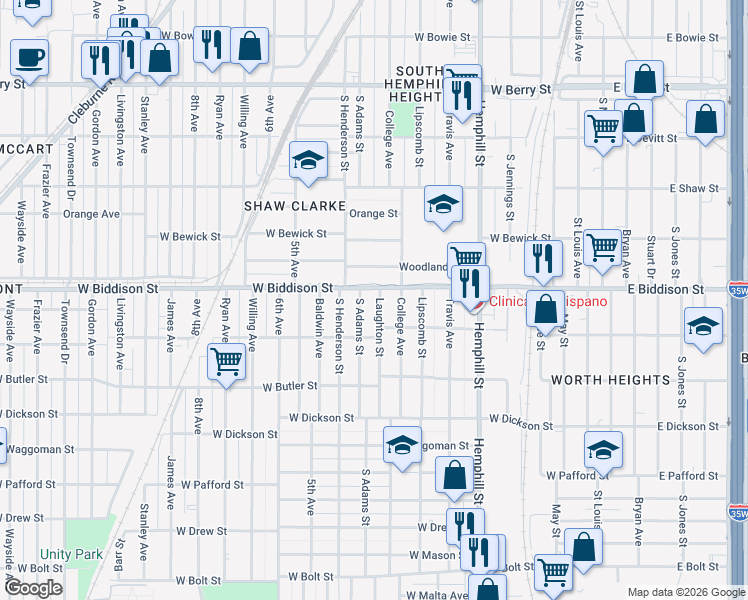 map of restaurants, bars, coffee shops, grocery stores, and more near 3501 South Adams Street in Fort Worth