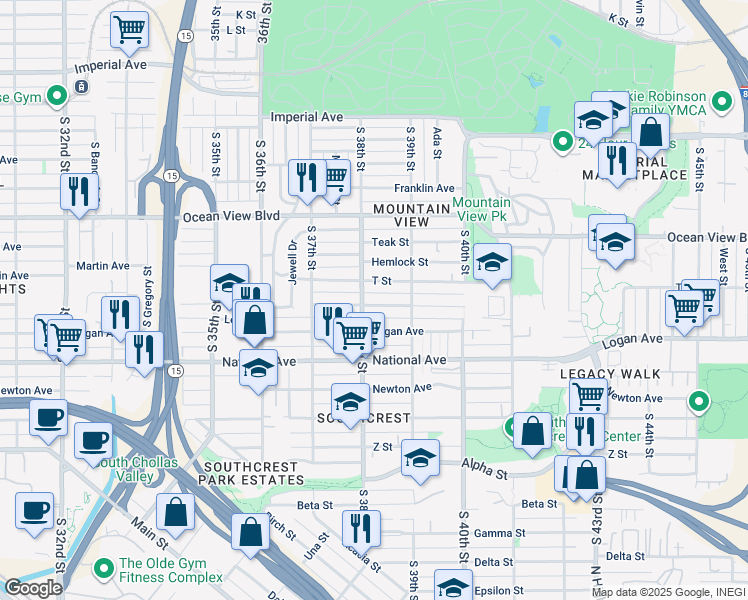 map of restaurants, bars, coffee shops, grocery stores, and more near 711 South 38th Street in San Diego