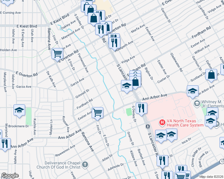 map of restaurants, bars, coffee shops, grocery stores, and more near 1746 Fordham Road in Dallas