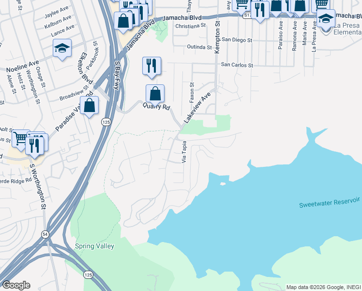 map of restaurants, bars, coffee shops, grocery stores, and more near 265 Via Tapia in Spring Valley