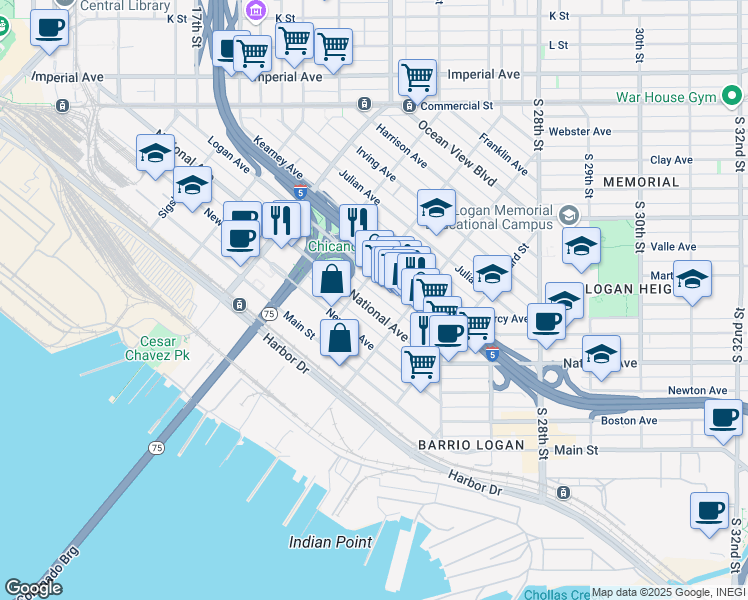 map of restaurants, bars, coffee shops, grocery stores, and more near 2130 National Avenue in San Diego