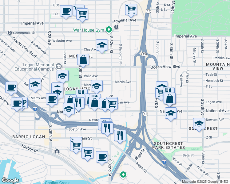 map of restaurants, bars, coffee shops, grocery stores, and more near 811 South 32nd Street in San Diego