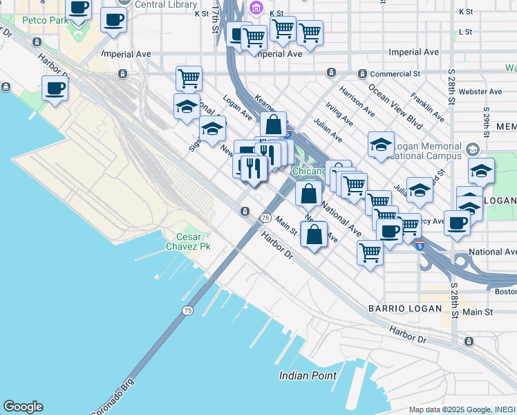 map of restaurants, bars, coffee shops, grocery stores, and more near 1950 Main Street in San Diego