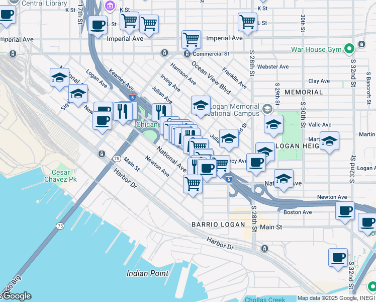 map of restaurants, bars, coffee shops, grocery stores, and more near 2172 Logan Avenue in San Diego