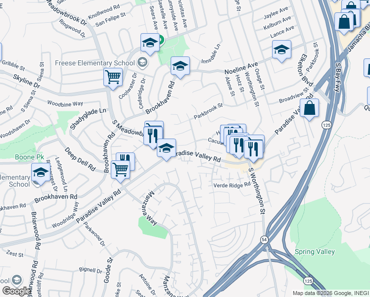 map of restaurants, bars, coffee shops, grocery stores, and more near 8146 Cacus Street in Spring Valley