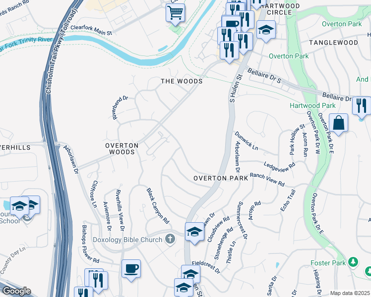 map of restaurants, bars, coffee shops, grocery stores, and more near 4720 Ranch View Road in Fort Worth