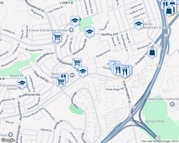 map of restaurants, bars, coffee shops, grocery stores, and more near 8146 Cacus Street in Spring Valley