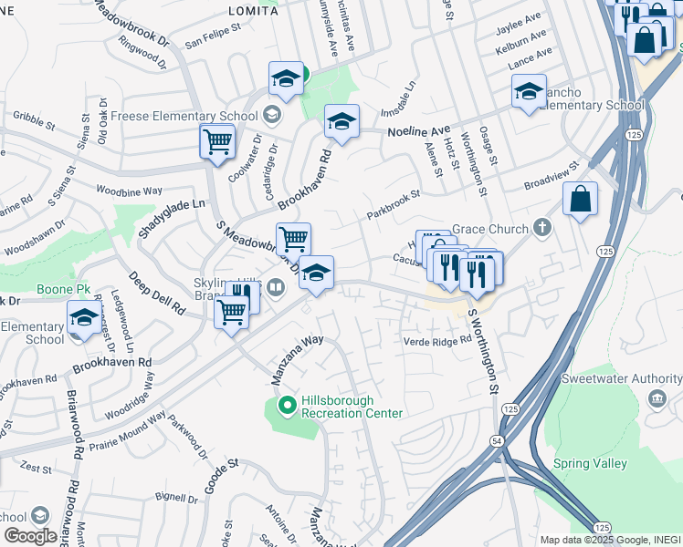 map of restaurants, bars, coffee shops, grocery stores, and more near 8115 Cacus Street in Spring Valley