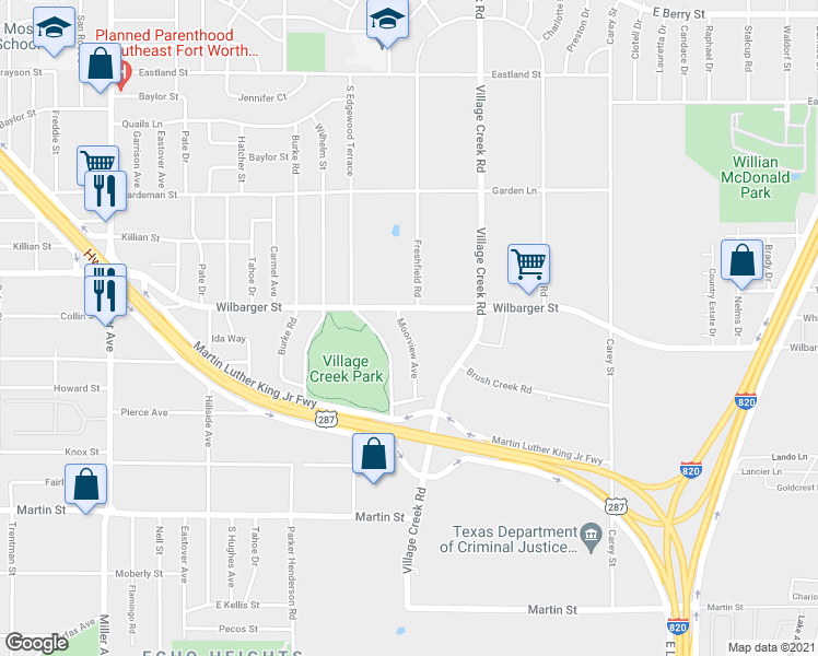 map of restaurants, bars, coffee shops, grocery stores, and more near 4463 Moorview Avenue in Fort Worth