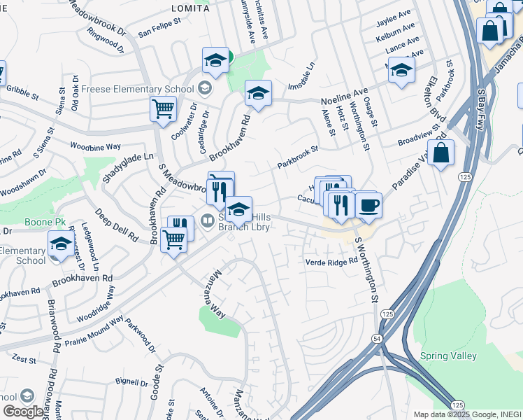 map of restaurants, bars, coffee shops, grocery stores, and more near 8123 Cacus Street in Spring Valley