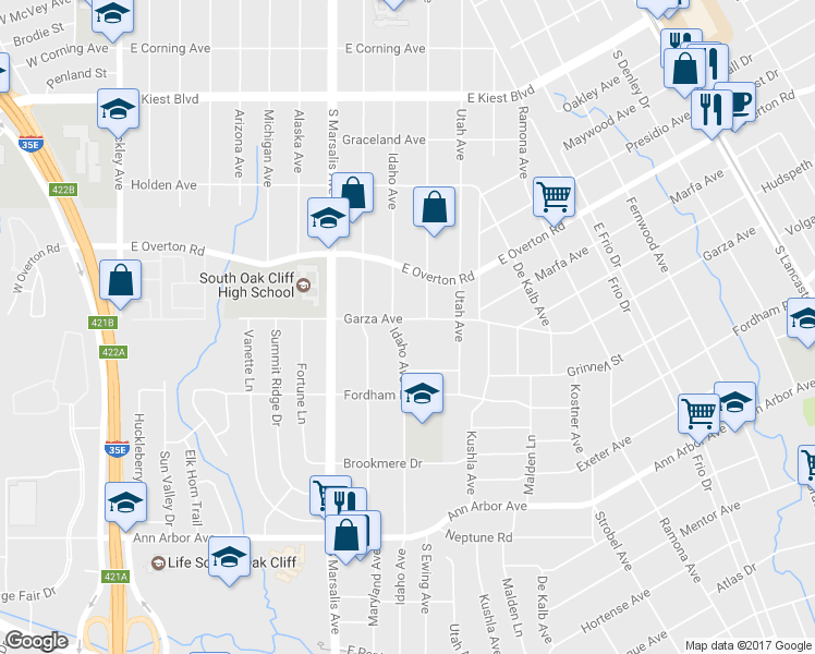 map of restaurants, bars, coffee shops, grocery stores, and more near 920 Garza Avenue in Dallas