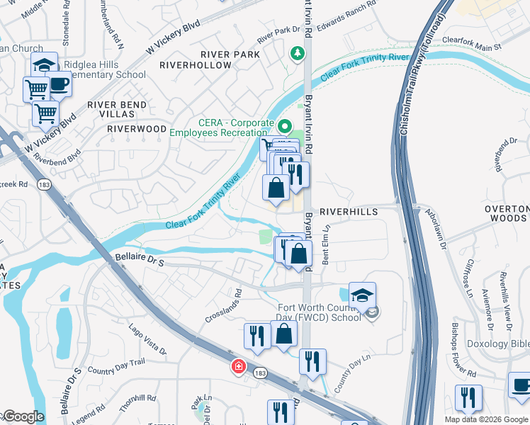 map of restaurants, bars, coffee shops, grocery stores, and more near 5825 Arborlawn Drive in Fort Worth