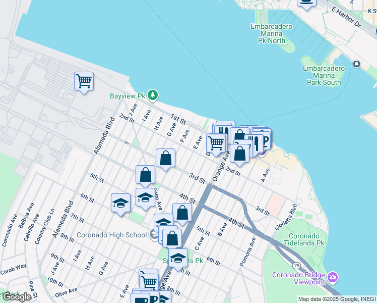 map of restaurants, bars, coffee shops, grocery stores, and more near 828 2nd Street in Coronado