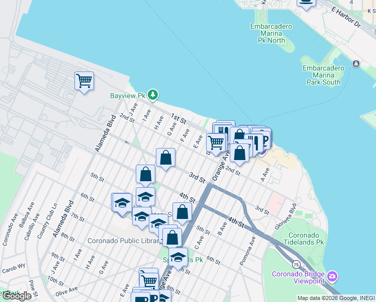 map of restaurants, bars, coffee shops, grocery stores, and more near 828 2nd Street in Coronado