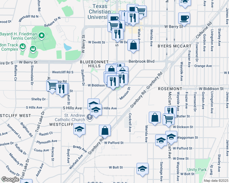 map of restaurants, bars, coffee shops, grocery stores, and more near 3522 Blue Bonnet Circle in Fort Worth